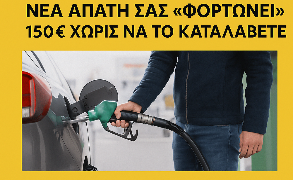 Προειδοποιητική αφίσα για απάτη σε self-service πρατήρια καυσίμων, με φωτογραφία ατόμου που βάζει βενζίνη σε αυτοκίνητο και οδηγίες προστασίας σε ελληνική γλώσσα.