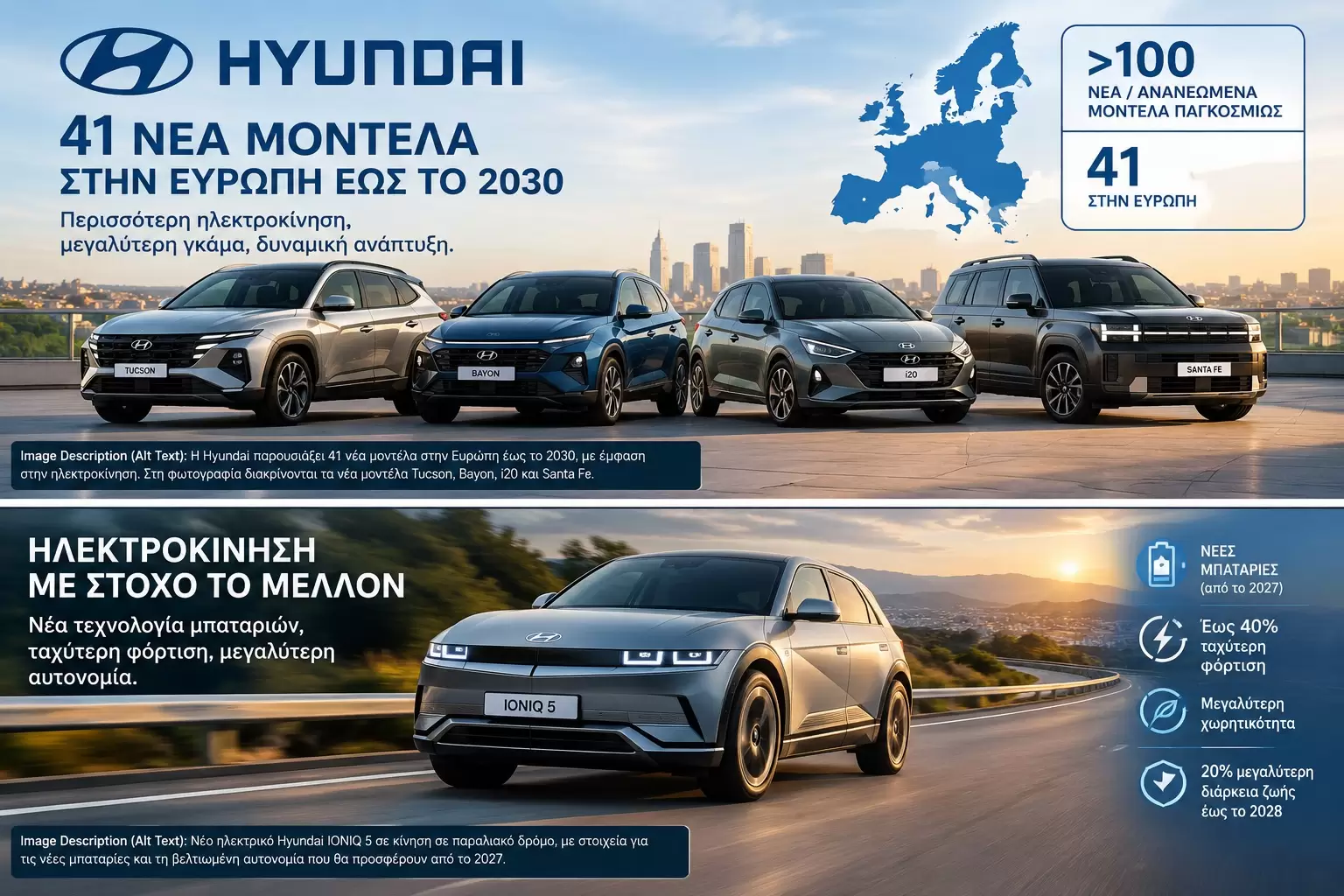 Hyundai Tucson, Bayon, i20 &kappa;&alpha;&iota; Santa Fe &sigma;&epsilon; &epsilon;&upsilon;&rho;&omega;&pi;&alpha;ϊ&kappa;ό &alpha;&sigma;&tau;&iota;&kappa;ό &pi;&epsilon;&rho;&iota;&beta;ά&lambda;&lambda;&omicron;&nu;, &pi;&alpha;&rho;&omicron;&upsilon;&sigma;&iota;ά&zeta;&omicron;&nu;&tau;&alpha;&sigmaf; &tau;&omicron; &pi;&lambda;ά&nu;&omicron; &tau;&eta;&sigmaf; Hyundai &gamma;&iota;&alpha; 41 &nu;έ&alpha; &kappa;&alpha;&iota; &alpha;&nu;&alpha;&nu;&epsilon;&omega;&mu;έ&nu;&alpha; &mu;&omicron;&nu;&tau;έ&lambda;&alpha; &sigma;&tau;&eta;&nu; &Epsilon;&upsilon;&rho;ώ&pi;&eta; έ&omega;&sigmaf; &tau;&omicron; 2030.